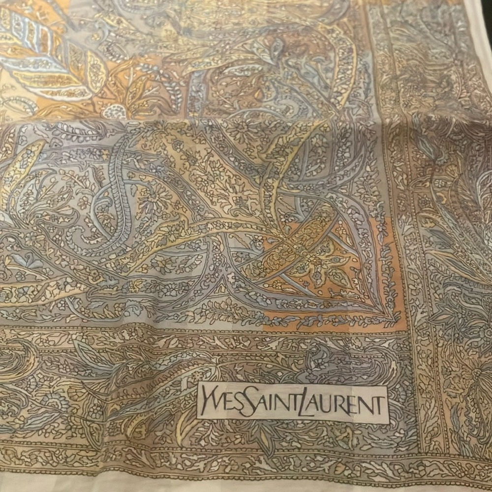 Yves Saint Laurent Paisley Print Silk Scarf in Beige, Gold and Gray